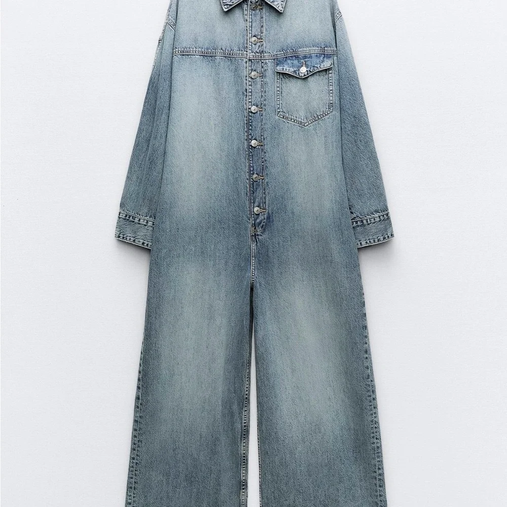 Washed Light Blue Denim Jumpsuit - Women's Casual One-Piece - Picture 3 of 4